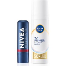 Ertürk Store Sun SPF50 Güneş Koruyucu Primer Nemlendirici Makyaj Bazı30 ml ve Kırmızı Renk Nemlendirici Dudak Krem