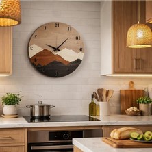 Modern Ahşap Duvar Saati, Dağ Motifli 50 cm Tasarım ile Zamanı Takip Edin