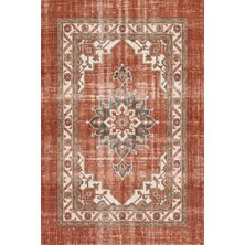 Rugzella Cerussite Vintage Eskitme Madalyon Desenli Pas Kiremit Krem Turuncu Salon Yıkanabilir Halı