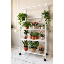 Ertürk Store 3 Raflı Portatif Çiçek Rafı Beyaz, Tekerlekli Metal Saksı Standı ve Bitki Askılığı