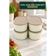 Viracasa 4'lü Oval Saklama Kabı Seti 1200 ml Kapaklı Çizgili Krem Latte