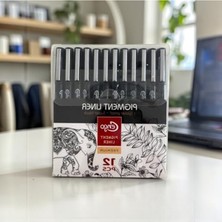 12 Li Set Teknik Çizim Kalemi, Siyah Renkli Pigment Marker