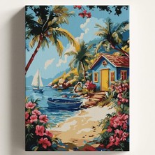 Sayılarla Boyama Tuval Hobi Seti Deniz Kenarı Kulübe Temalı Fırça ve Boya Dahil Set (Çıtalı) 50X70 cm Kendin Yap Sayılarla Tuval Boya Kiti (Kasnaklı)
