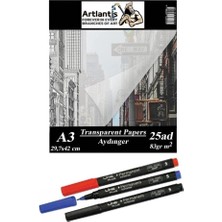 Aydınger Kağıdı A3 83 gr 25'li 1 Paket Eskiz Kağıdı Lineplus Asetat Kalemi S 0.3 Siyah Kırmızı Mavi