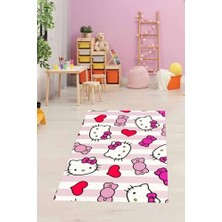 Ertürk Store Pembe-Beyaz Kedili Kalpli Çocuk Odası Halısı, 130 x 180, Dijital Baskı ve Kaymaz Taban