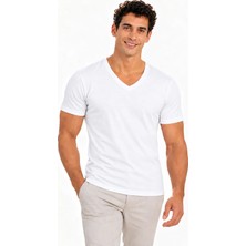Fevien Erkek V Yaka Kısa Kollu Pamuklu Basic Tişört - Esnek Rahat Kalıp Nefes Alabilen Günlük Spor T-Shirt