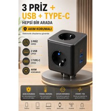 Edison Akım Korumalı Priz Çoklayıcı 3'lü Priz 2 USB 1 Type-C Şarjlı Çoklu Priz 2500W Termal Korumalı Siyah