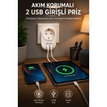 Edison Akım Korumalı Priz 2 USB Girişli Topraklı Telefon Tablet Şarj Adaptörü 2500W Beyaz