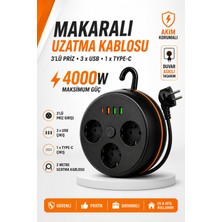 Edison Makaralı Uzatma Kablosu 3'lü Topraklı Priz 3 USB Type-C Girişli 2 Metre Akım Korumalı Siyah