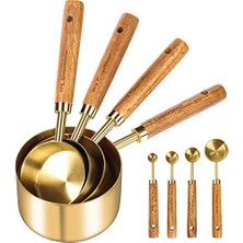 Ertürk Store Ölçüm Kabı ve Ölçüm Tüpü; 8 Adet, Ahşap Sap, Metrik ve Abd Ölçülerinde, Birinci Sınıf Paslanmaz Çelik, Altın Cilalı, Kuru ve Sıvı Ölçüm Kabı, Pişirme ve Pişirme Için