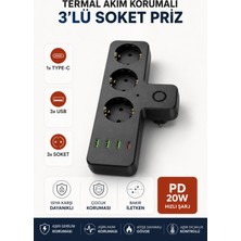 Edison Akım Korumalı 3'lü Priz Çoklayıcı Pd 20W Type-C 3 USB Hızlı Şarjlı Çoklu Priz Siyah