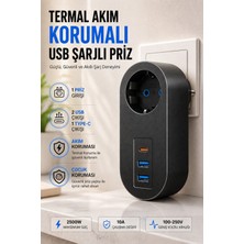 Edison Akım Korumalı Priz Çoklayıcı USB Type-C Şarjlı Termal Korumalı Çocuk Güvenlikli 2500W Siyah