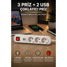 Edison Akım Korumalı 3'lü Priz Çoklayıcı 2 USB Girişli Işıklı Anahtarlı 1.5 Metre Kablolu Uzatma Prizi Beyaz