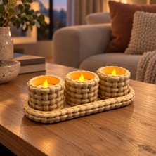 Nakama-Co Örgü Desenli 3’lü Dekoratif Mumluk Seti – Oval Tepsili LED Mum Tutucu, Bohem Ev ve Salon Dekorasyonu