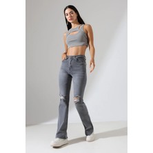 sports here Kız / Kadın Yüksek Bel Likralı Flare Jean Ispanyol Paça Denim Pantolon