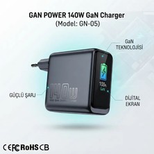 İdragon Gan Power Gn-05 140W 4 Portlu Gan Hızlı Şarj Cihazı + 60W Hızlı Şarj Kablosu Hediyeli - Tft Akıllı Renkli Ekran, Yapay Zeka Sıcaklık Kontrollü Adaptör