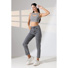 sports here Kız / Kadın Yüksek Bel Likralı Jean Boyfriend Fit Denim Pantolon