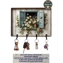 Time in a Tin Pencere Papatya Temalı Duvar Askısı Anahtarlık -Derinlikli Tasarım Duvar Anahtarlığı - 4 Kancalı Dekoratif Anahtar Askısı