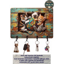 Time in a Tin Şirin Kedi Yün Temalı Duvar Askısı Anahtarlık -Derinlikli Tasarım Duvar Anahtarlığı - 4 Kancalı Dekoratif Anahtar Askısı