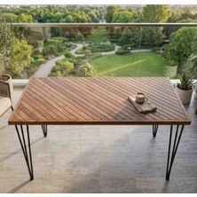 Mirrorss Balıksırtı Desenli Ahşap Balkon ve Bahçe Masası - Siyah Firkete (Tel) Metal Ayaklı