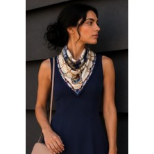 Ertürk Store Binici Desen Lacivert-Krem Soft Bandana Fular 50X50 cm