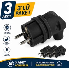 Ertürk Store 3 Adet; Monofaze Kauçuk L Tipi (Eğik) Topraklı Erkek Fiş (Siyah) | IP44 Koruma, Faz + Nötr + Toprak, Kauçuk