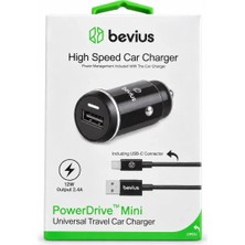 Hsc Bilişim Type-C Siyah 12W Kablolu Araç Şarj Cihazı Bevius Powerdrive Mini