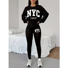 Trend Metkar Kadın Uzun Kollu Bisiklet Yakalı Viskon Iki Iplik Bluz ve Şardonlu Dalgıç Pantolon Tayt Ikili Takım