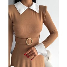 Lune Store Kadın Uzun Kol Gömlek Yaka ve Vatka Detay Kemer Dahil Midi Boy Elbise