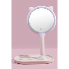 Ertürk Store Kedi Kulaklı, Telefon Standlı, Yuvarlak, Dokunmatik LED Ayarlı Masaüstü Makyaj Aynası