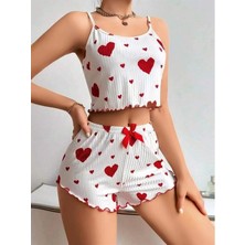 Vip Marketim Vipmarketim Pamuklu Beyaz Üstüne Kırmızı Kalp Desenli Askılı Şortlu Pijama Takımı