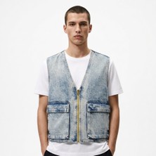 Unisex Oversize Kar Yıkama Vintage Görünümlü Kargo Cepli Jean Yelek