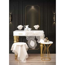 Bin1çeşit -Kapiçino Bellisima Model 5 Parça Keten Dantelli Salon Takımı Runner Seti No 800