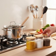 Lexroo Üçlü Cam Kavanoz Seti Bambu Altlıklı – Vakumlu Kapaklı Baharatlık, Tuzluk & Şekerlik