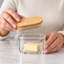 Lexroo Bambu Kapaklı Borosilikat Cam Kavanoz 8 × 5 Cm, Kare Şeffaf Saklama Kabı, Küçük Tereyağlık
