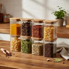 Marmara Avm 6'lı Set 350 ml Bambu Kapaklı Kare Cam Kavanoz - 6X10 cm Vakumlu Orta Boy Şeffaf Erzak Kabı Kahve Çay Baharatlık ve Mutfak Düzenleyici Organizer Saklama Kutusu