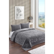 Loselya Gri Gül Bohem Yatak Örtüsü 220 x 230 Çift Kişilik Peluş Yumuşak Welsoft 2 Adet Yastık Kılıfı