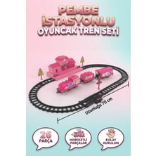 Farbu Oyuncak Pembe Istasyonlu Pilli Oyuncak Tren Seti - 26 Parça Hareketli Lokomatif ve Vagon Seti