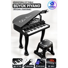Yıldırım Oyuncak Mikrofonlu 37 Tuşlu Mp3 Çalar Büyük Çocuk Piyanosu - Tabureli Işıklı Elektronik Siyah Piyano 3+ Yaş