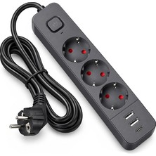 Akıllı Bayi S-Link SPG03U 2 USB + 1 Type C 5V2.4A 3x1.0mm Bakır 1.5m Kablo 750 Joule 3’lü Anahtarlı Siyah A