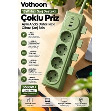 Veraura Lifestyle Vothoon 4’lü Akıllı Priz Tek Dokunuşla Fiş Çıkarma 2 Metre Kablo 2 Type-C + USB 15W Hızlı Şarj 3680W