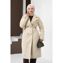 İmaj Butik Bej Bel Bağlamalı Kaşe Detaylı Uzun Nova Mont