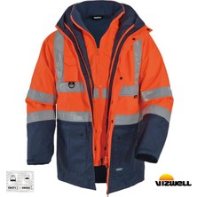 Vizwell Vwjk-44 Hi-Vis 5+1 Reflektörlü Yüksek Görünürlüklü 300D Oxford Pu %100 Polyester 5'i Bir Arada Gizli Kapüşonlu Parka Kaban Turuncu Lacivert