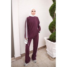 İmaj Butik Mürdüm Kontras Şerit Detaylı Tunik Pantolonlu Takım