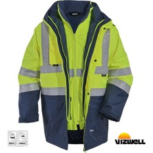 Vizwell Vwjk-44 Hi-Vis 5+1 Reflektörlü Yüksek Görünürlüklü 300D Oxford Pu %100 Polyester 5'i Bir Arada Gizli Kapüşonlu Parka Kaban Sarı Lacivert
