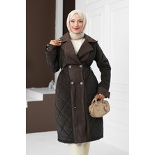 İmaj Butik Kahverengi Bel Bağlamalı Kaşe Detaylı Uzun Nova Mont