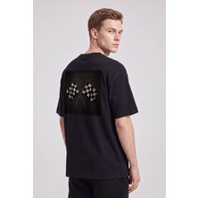 Black Nova Oversize Baskılı Unisex Tişört Race Flags Black Siyah