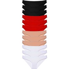 12 Adet Süper Eko Set Likralı Kadın Slip Külot Siyah Kırmızı Ten Beyaz