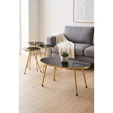 Zigon Sehpa ve Orta Sehpa Elips Set Altın Metal Ayak Altın