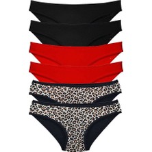 6 Adet Özel Set Likralı Yumuşak Dokulu Kadın Slip Külot Leopar Siyah Kırmızı